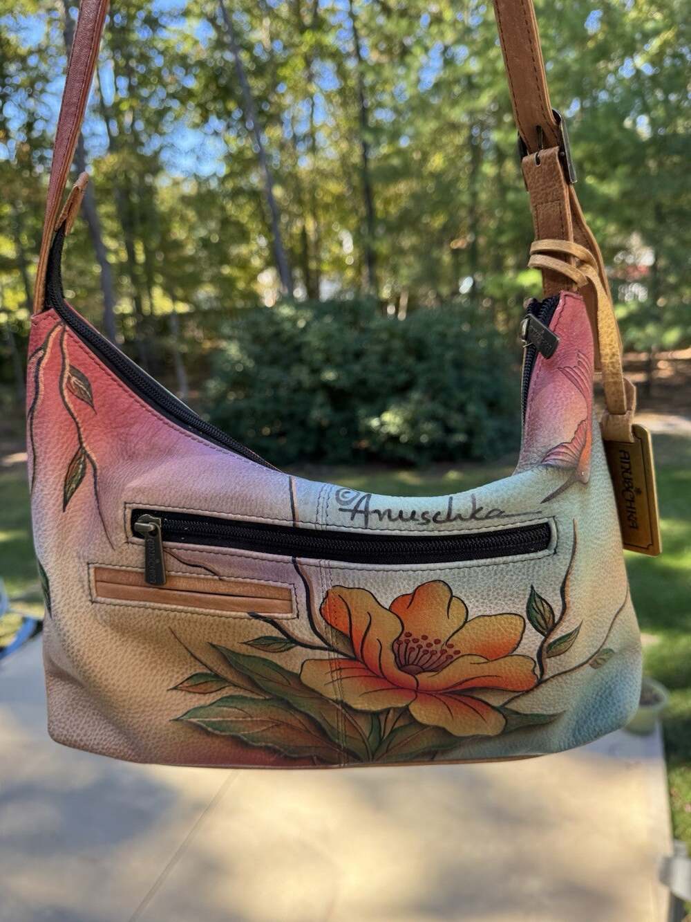 Anuschka Hand Painted Leather Hobo Shoulder Bag Hummingbird Floral Purse Pouches